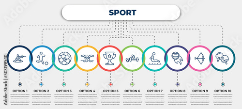 vector infographic template with icons and 10 options or steps. infographic for sport concept. included wakeboarding, soccer, soccer ball, swimming, trophy, training, long jump, volleyball, table