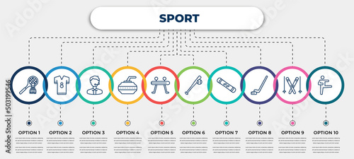 vector infographic template with icons and 10 options or steps. infographic for sport concept. included badminton, football jersey, commentator, curling, gymnastics, baseball, snowboard, hockey,