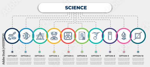 vector infographic template with icons and 10 options or steps. infographic for science concept. included cells, convex, dispersion, professor, radioactivity, bond, gravity, vial, refraction.