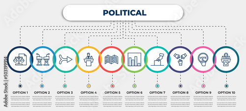 vector infographic template with icons and 10 options or steps. infographic for political concept. included political balance, debate, merging, political speech, leaflet, poll, ballot, unity,