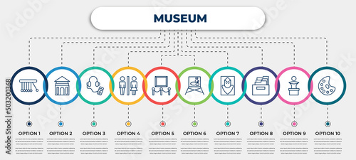 vector infographic template with icons and 10 options or steps. infographic for museum concept. included newtons cradle, antic architecture, audio guide, restroom, exhibit, museum canvas, el greco,
