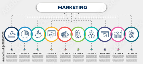 vector infographic template with icons and 10 options or steps. infographic for marketing concept. included bid, ratio, pig bank, online marketing, enterprise, eticket, salesman, velocity test,