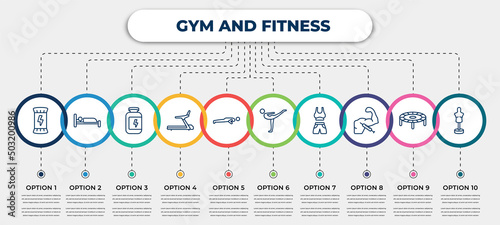 vector infographic template with icons and 10 options or steps. infographic for gym and fitness concept. included energy snack, sleep, protein, training apparatus, pushups exercises, stretching leg