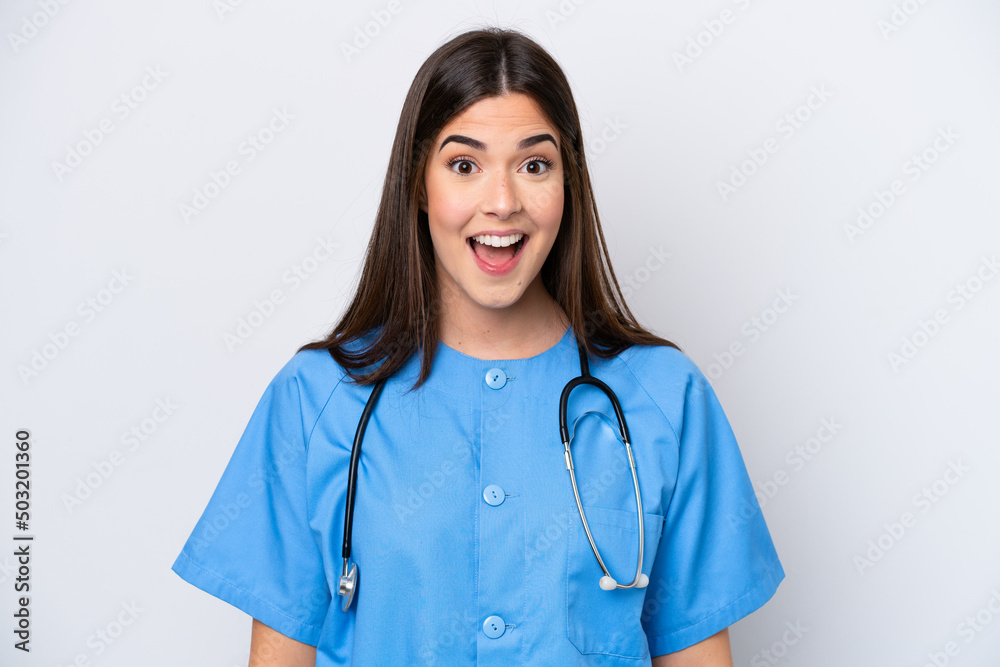 Young Brazilian nurse woman isolated on white background with surprise facial expression Young Brazilian nurse woman isolated on white background with surprise facial expression