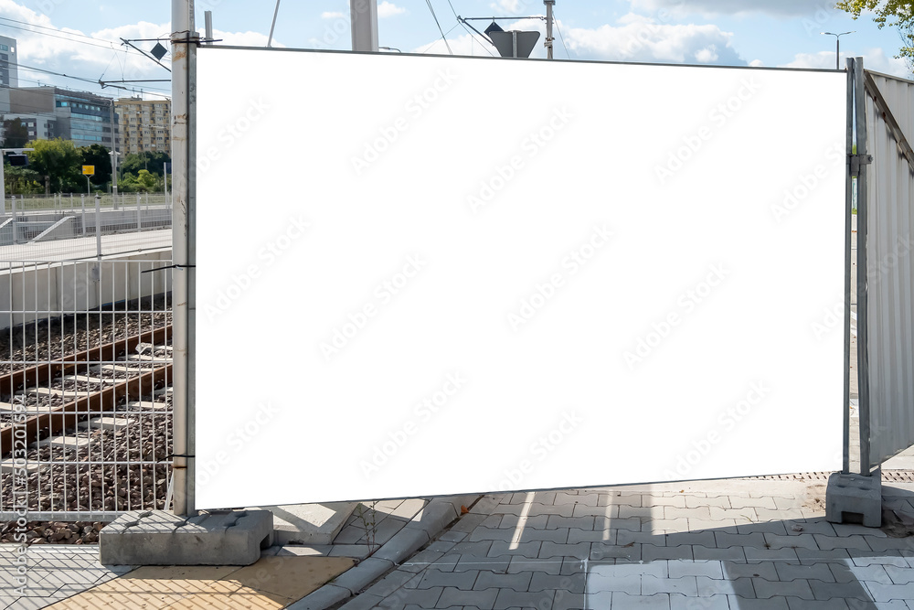 Blank white advertising banner near railroad in the city - obrazy, fototapety, plakaty 