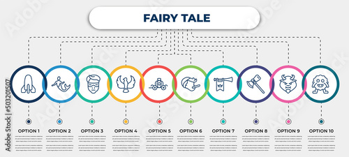 vector infographic template with icons and 10 options or steps. infographic for fairy tale concept. included atomic bomb, merman, protagonist, phoenix, cinderella carriage, pinocchio, fanfare, thor,