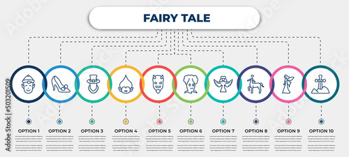 vector infographic template with icons and 10 options or steps. infographic for fairy tale concept. included elf, cinderella shoe, leprechaun, troll, evil, talking tree, harpy, centaur, excalibur.