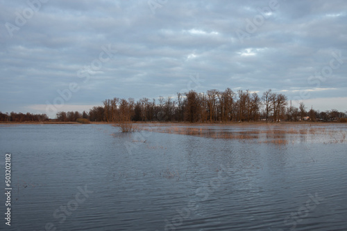 Evening landscape with a flooded river. Spring rural landscape. Flooding of agricultural land.