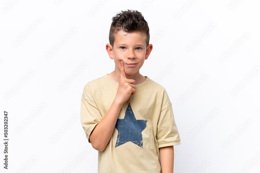 Little caucasian boy isolated on white background and thinking Little caucasian boy isolated on white background and thinking