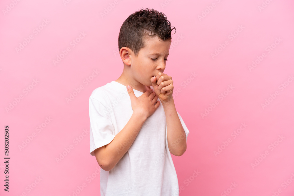 Little caucasian boy isolated on pink background coughing a lot - obrazy, fototapety, plakaty 