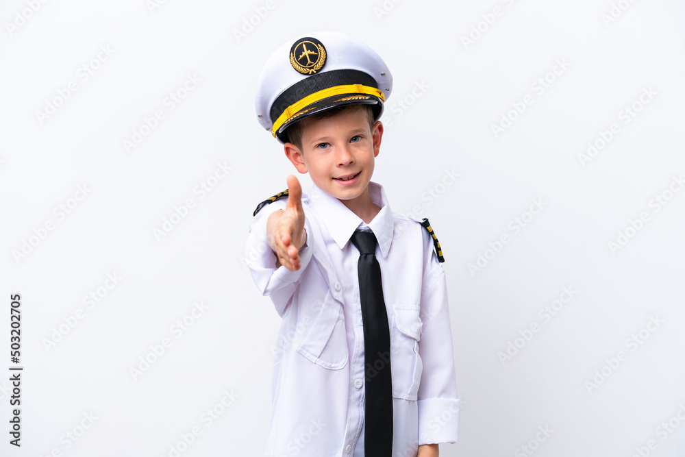 Little airplane pilot boy isolated on white background shaking hands for closing a good deal Little airplane pilot boy isolated on white background shaking hands for closing a good deal