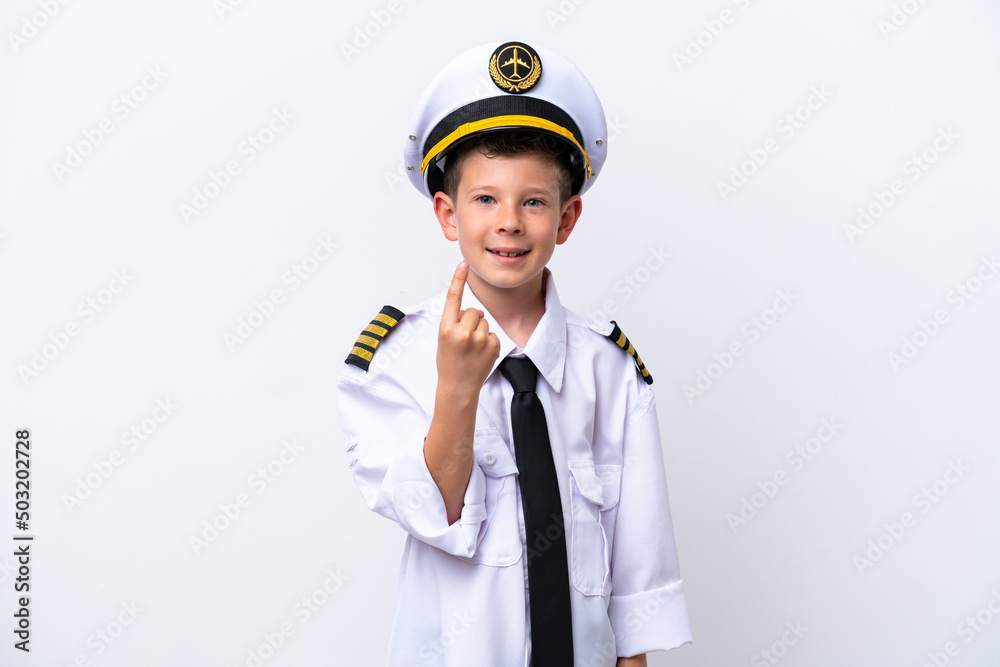 Little airplane pilot boy isolated on white background doing coming gesture Little airplane pilot boy isolated on white background doing coming gesture