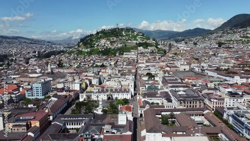 Quito, Ecuador: aerial drone footage of the historic Quito city center with the Plaza Grande and the cathedral in Ecuador capital city in the Andes in south America