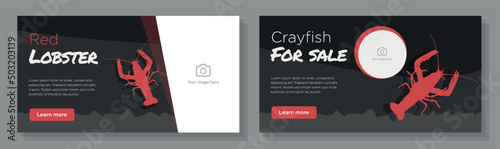 Crayfish for sale online banner template set, red lobster market advertisement, horizontal ad, crawfish seafood campaign webpage, restaurant flyer, creative brochure, isolated on background