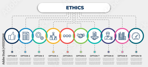 vector infographic template with icons and 10 options or steps. infographic for ethics concept. included thumbs up, statement, ting, competitive, smileys, corruption, agreement, guard, gauge.