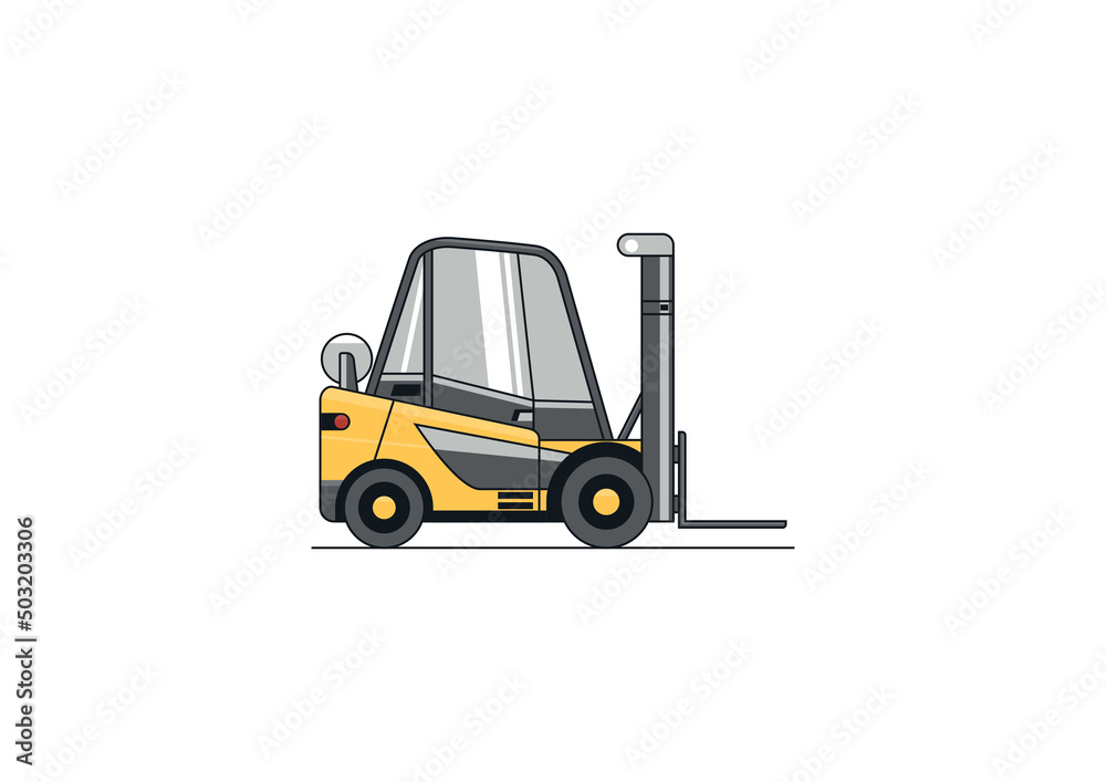 Flat, line vector design of gas-powered forklift with cabin.