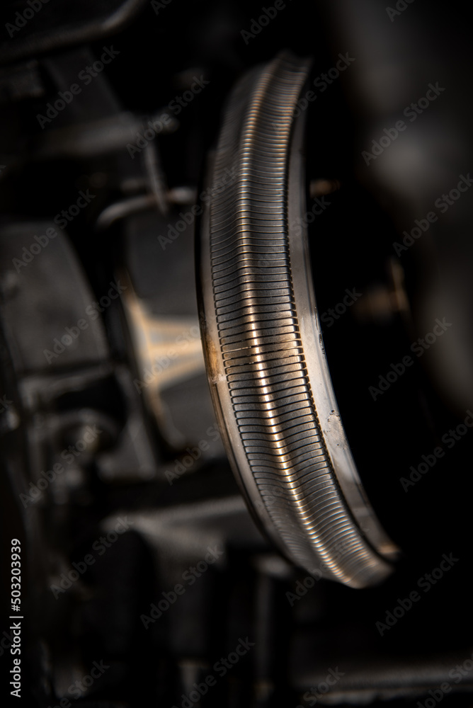 Fototapeta premium Modern transmission, gearbox CVT belt exposed for future repairs