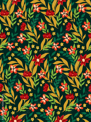 Seamless floral pattern in Slavic style. Decorative botanical background with ornate composition, wild plants, flowers, leaves and herbs on a dark field. Vector illustration.