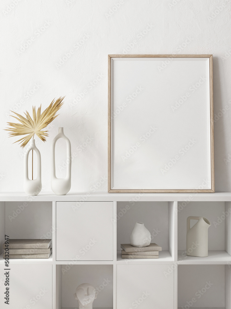 Mock up poster with home library concept, home decoration, 3d render, 3d illustration Mock up poster with home library concept, home decoration, 3d render, 3d illustration