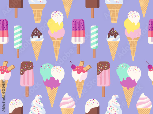 Ice cream seamless pattern. Cartoon cute style. Vector illustration.