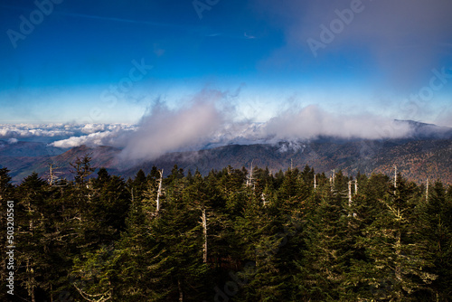 Sweeping mountain vistas with dramatic cloud formations in the Great Smoky Mountains National Park, Tennessee, USA.