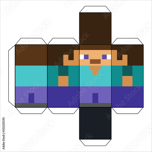 Paper pixel character. Papercraft 5 classic blocks. Layout from paper, detailed diagram. Game hero concept. Game concept. Vector illustration