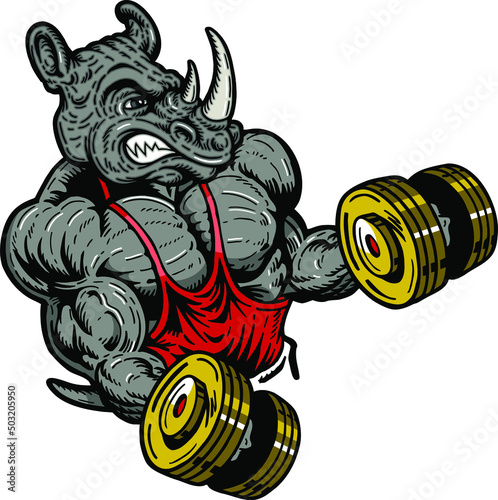 muscular rhino mascot lifting weights for school, college or league