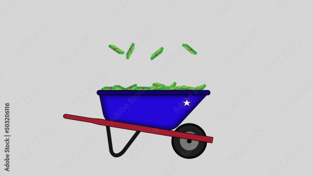 Stacks of money falling into a blue wheelbarrow Stacks of money falling into a blue wheelbarrow