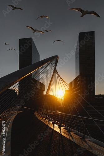 Zubizuri Bridge and Isozaki Towers at sunset, Bilbao, Spain. photo