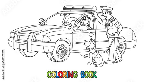 Police officers and police car. Coloring book