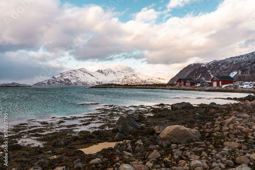 Fisherman’s hut in the arctic fjords, Tromsø, Norway