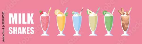 Horisontal banner with milkshakes. Vector illustration.