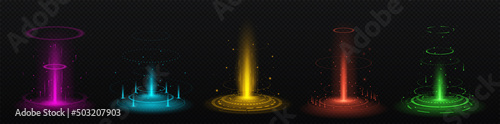 Colored magic portals. Collection of graphic elements for games, interface elements and map content. Magic, fantasy and imagination. Cartoon isometric vector illustration isolated on black background
