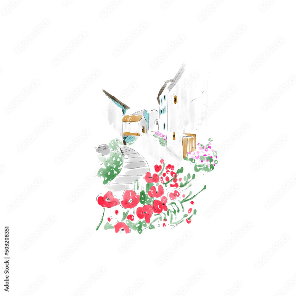 花と外国の街並み