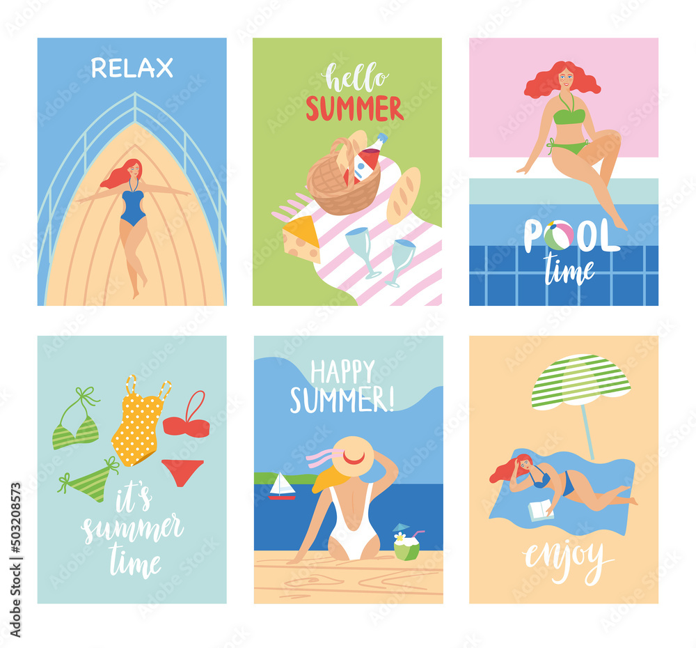Set of summer cards in cartoon style. Vector illustration. Set of summer cards in cartoon style. Vector illustration.
