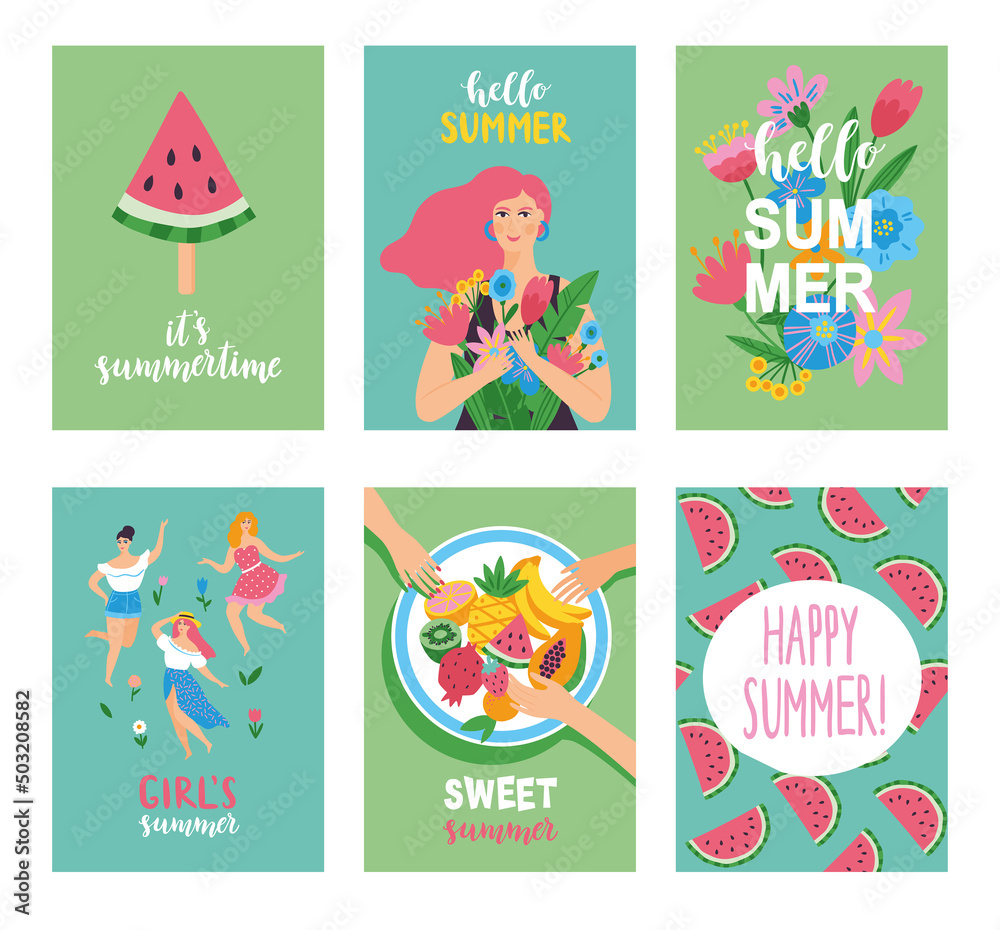 Fototapeta premium Set of summer cards in cartoon style. Vector illustration.