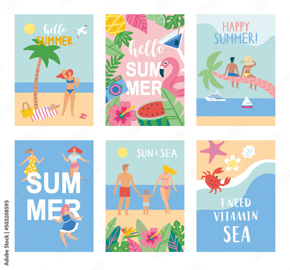 Set of summer cards in cartoon style. Vector illustration. Set of summer cards in cartoon style. Vector illustration.