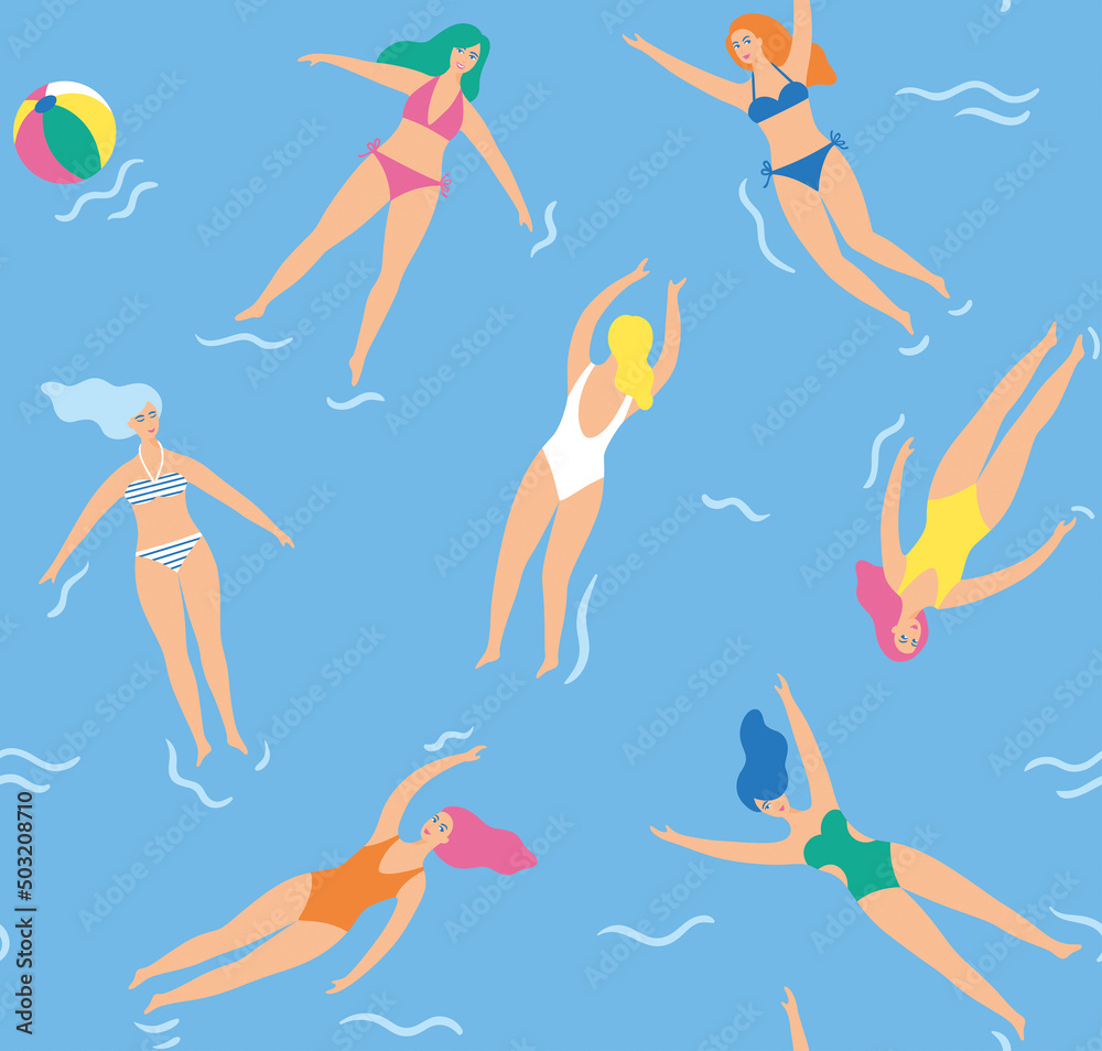 Fototapeta premium Girls swim in the sea. Seamless pattern. Cartoon cute style. Vector illustration.