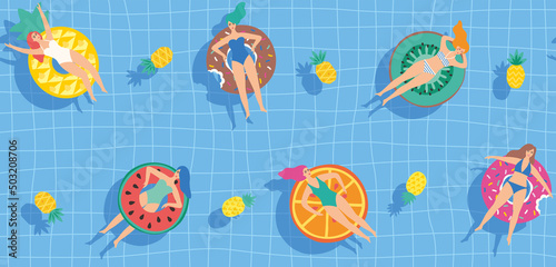 Women in a swimming pool on rubber rings. Seamless pattern. Vector illustration.