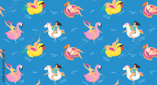 Girls swim in the sea on rubber rings. Seamless pattern. Vector illustration.