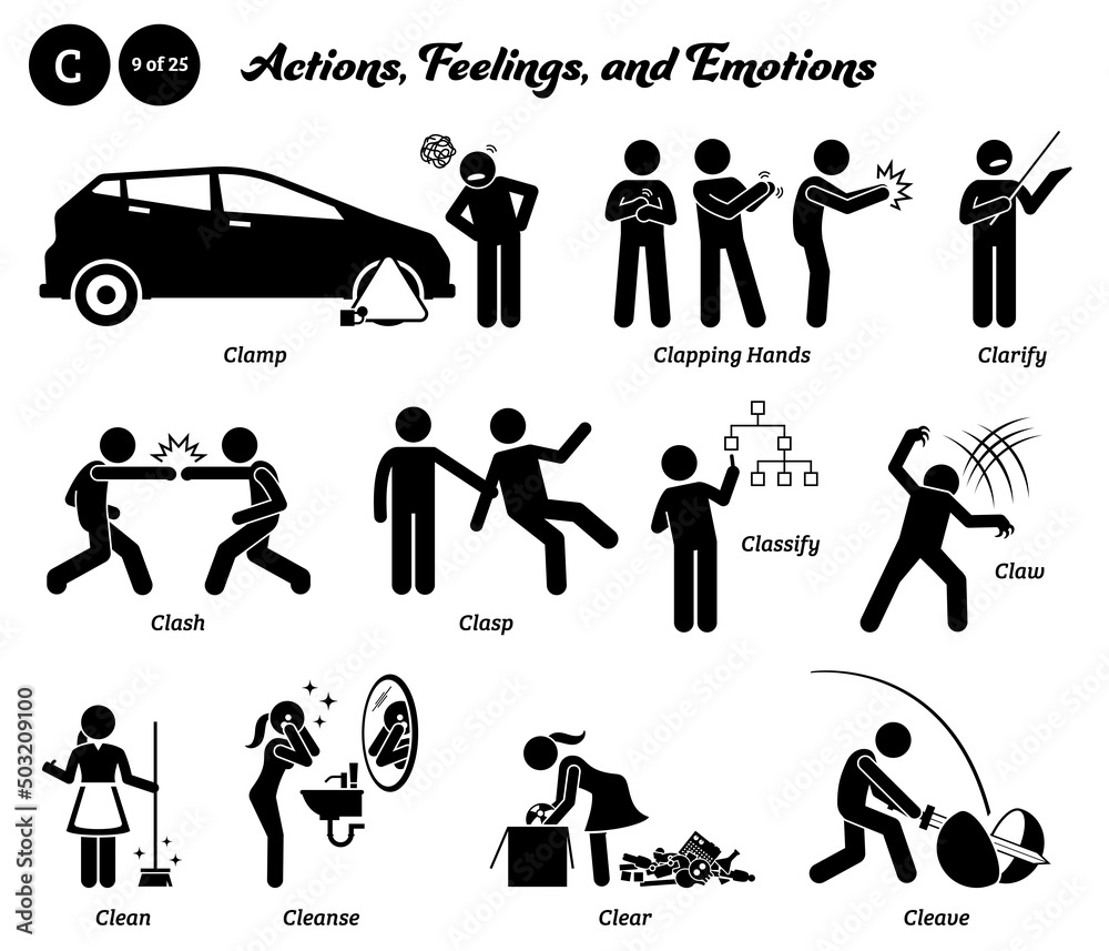 Stick figure human people man action, feelings, and emotions icons starting with alphabet C. Clamp, clapping hands, clarify, clash, clasp, classify, claw, clean, cleanse, clear, and cleave. Stick figure human people man action, feelings, and emotions icons starting with alphabet C. Clamp, clapping hands, clarify, clash, clasp, classify, claw, clean, cleanse, clear, and cleave.