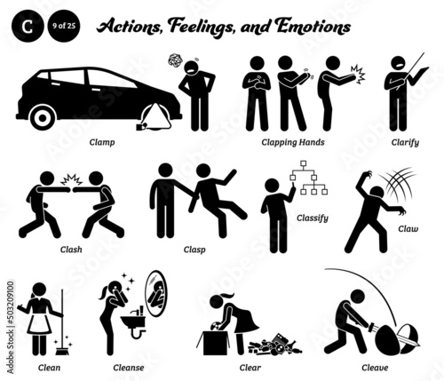 Stick figure human people man action, feelings, and emotions icons starting with alphabet C. Clamp, clapping hands, clarify, clash, clasp, classify, claw, clean, cleanse, clear, and cleave.