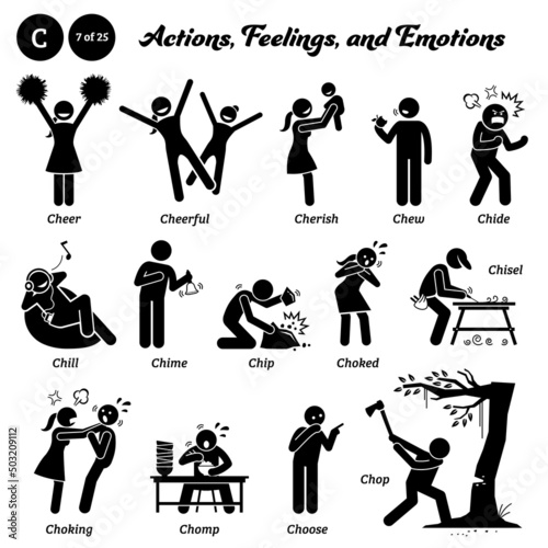 Stick figure human people man action, feelings, and emotions icons starting with alphabet C. Cheer, cheerful, cherish, chew, chide, chill, chime, chip, choked, chisel, choking, chomp, choose, and chop