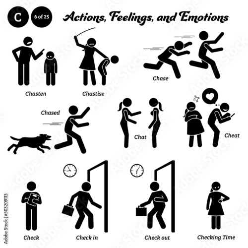 Stick figure human people man action, feelings, and emotions icons starting with alphabet C. Chasten, chastise, chase, chased, chat, cheat, check in out, and checking time. photo