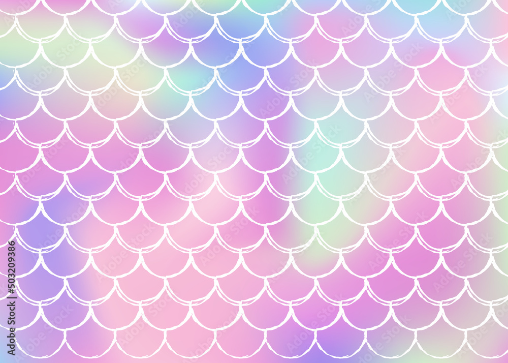 Gradient mermaid background with holographic scales.