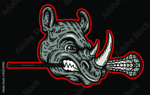 angry rhino mascot biting lacrosse stick for school, college or league