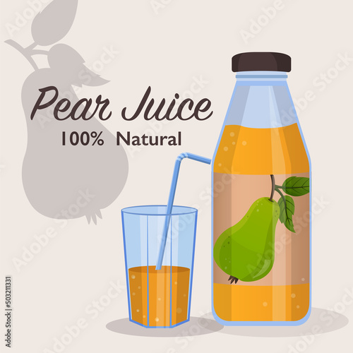 Fresh pear juice in glass bottle and fruit juice in glass concept. Vector illustration