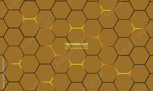 Dark yellow hexagonal technology vector abstract background. Yellow bright energy flashes under hexagon in modern technology futuristic background vector illustration. Vector honeycomb texture grid.
