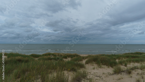 view from dike with grass on sandy hills at the north sea on a cloudy windy day  Belgium