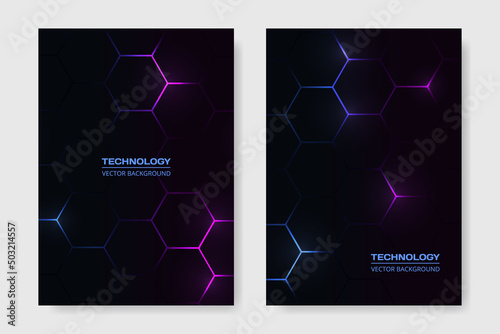 Vector cover design. Dark hexagonal technology abstract brochure in A4 size flyer design. Vertical orientation front page of A4 format. Cover design template. Vector illustration